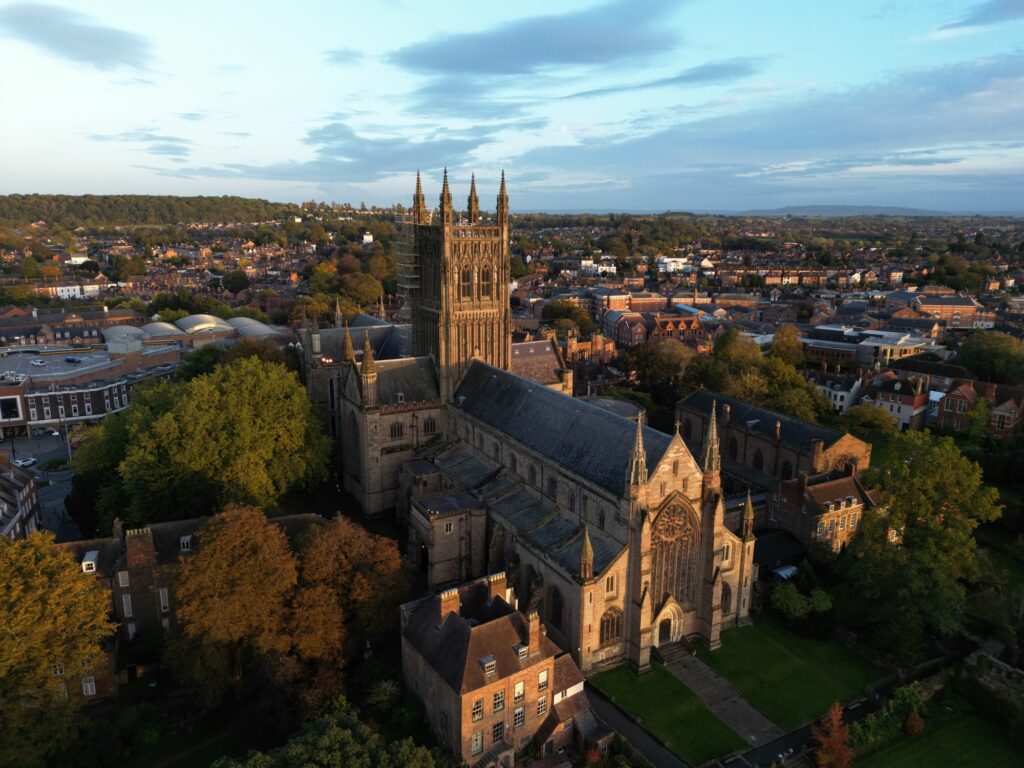 Aerial view of the historic Worcester Cathedral in England