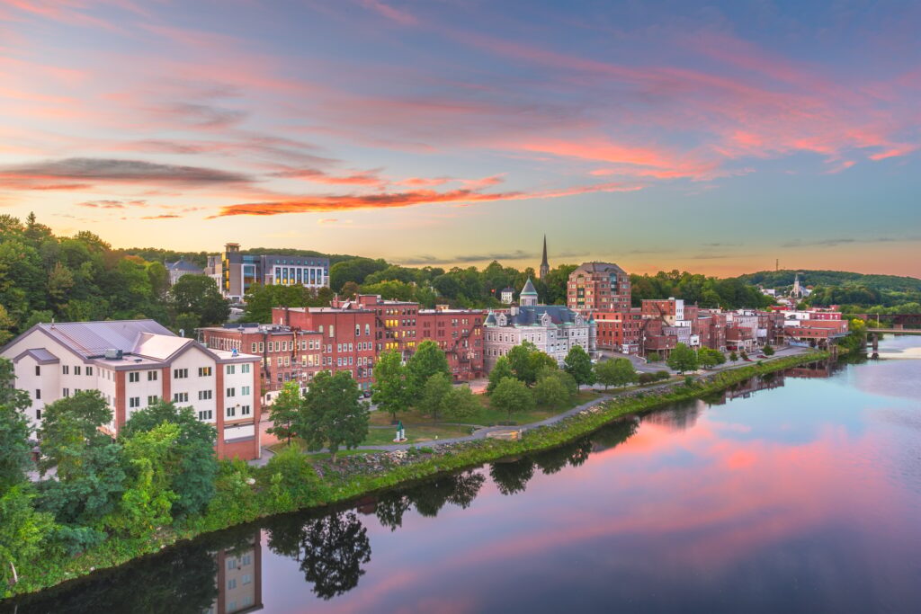 Augusta, Maine, USA downtown skyline on the Kennebec River