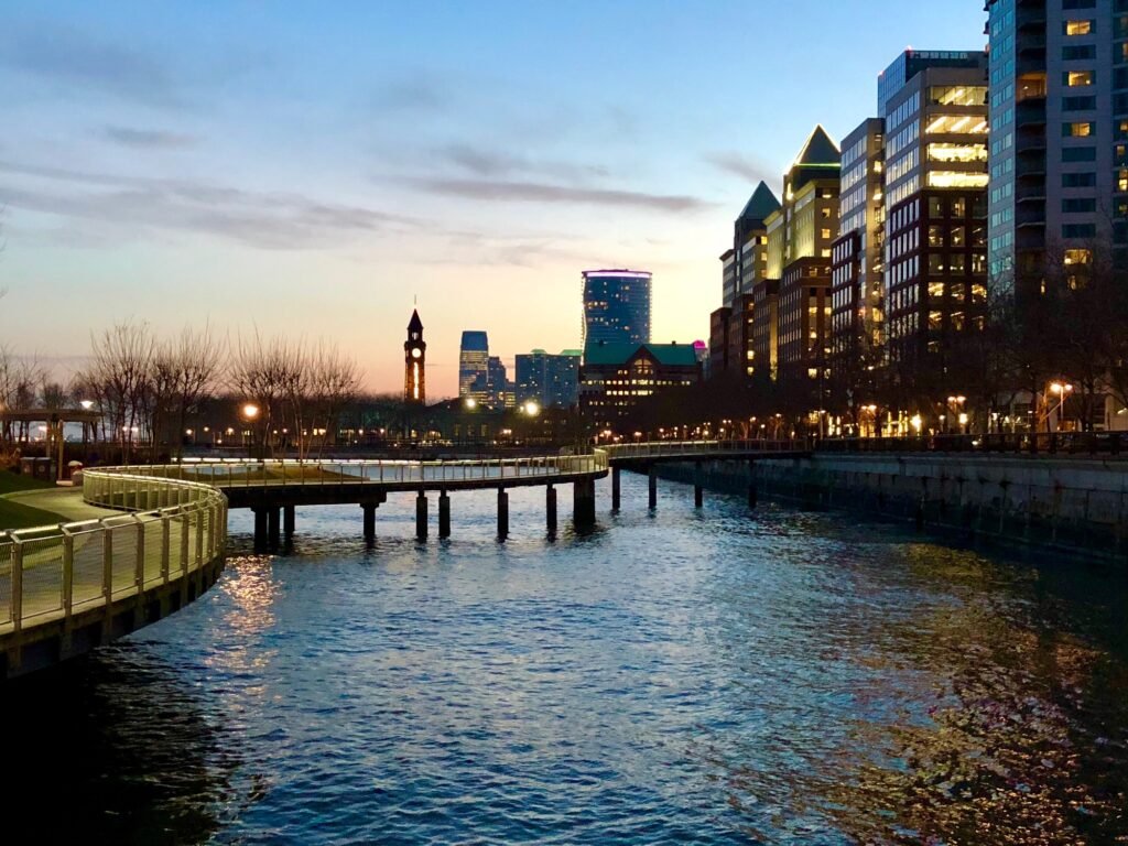 Hoboken, New Jersey evening cityscape.